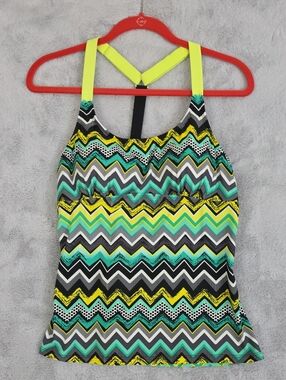 Chevron Print Swim Tankini Top Neon Yellow Aqua Black XL Padded Shelf Bra